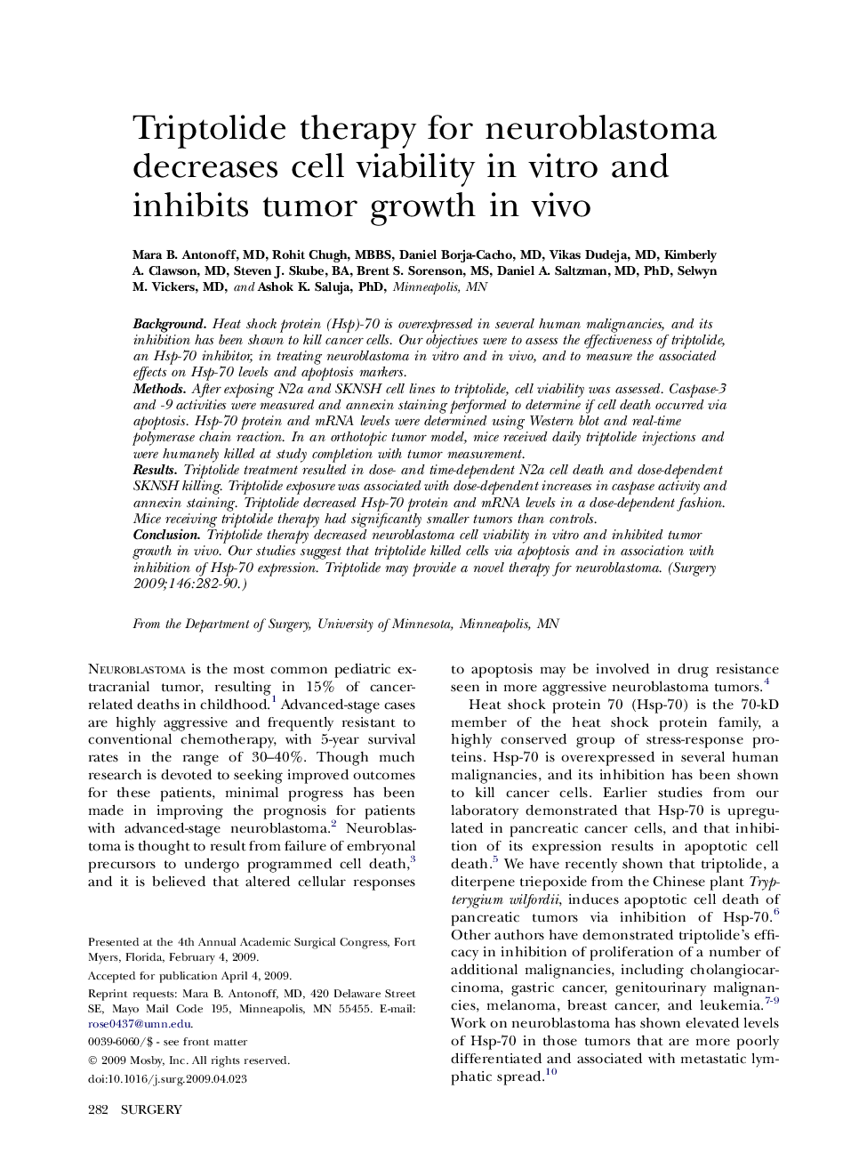 Triptolide therapy for neuroblastoma decreases cell viability in vitro and inhibits tumor growth in vivo 