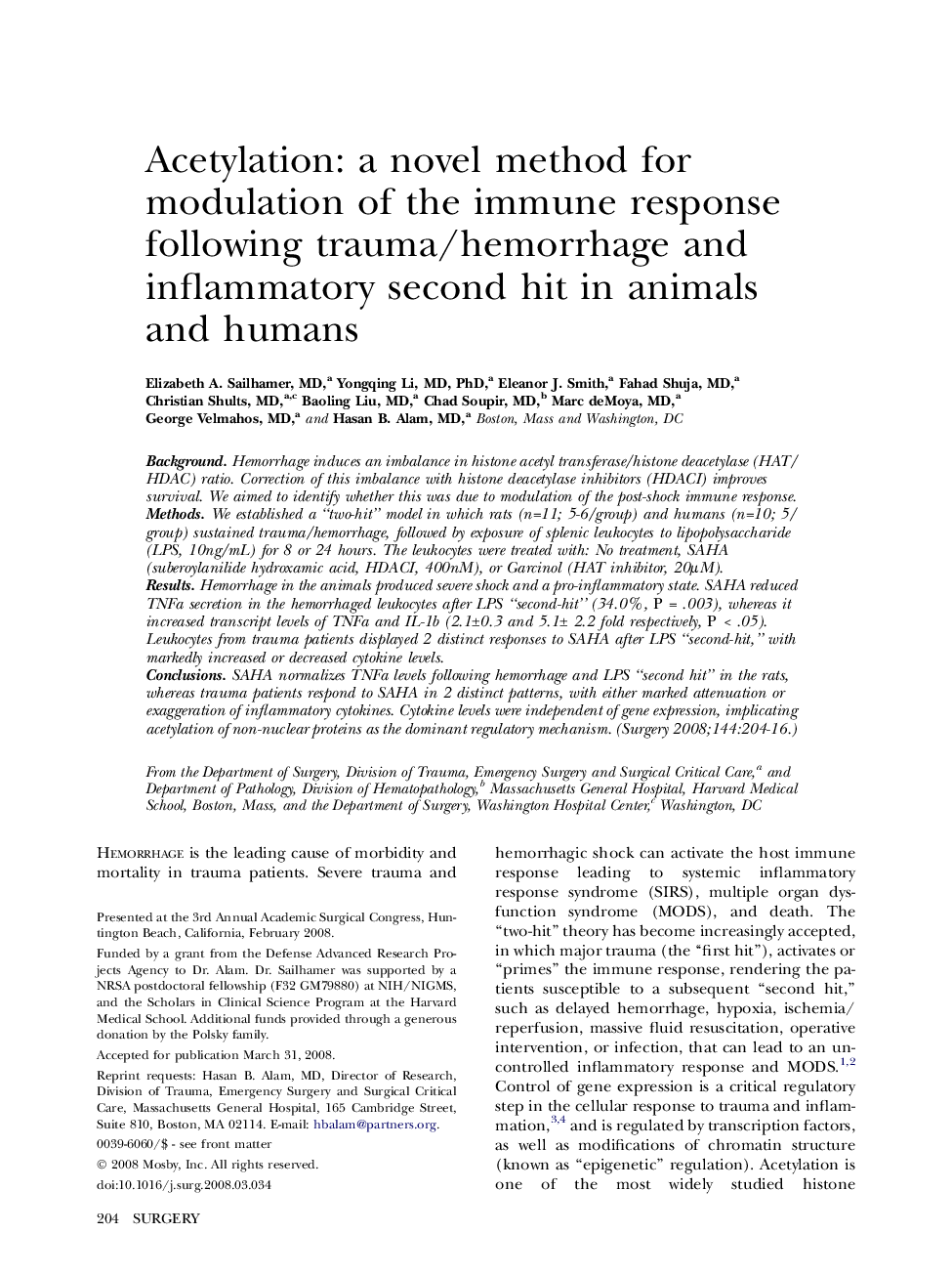 Acetylation: a novel method for modulation of the immune response following trauma/hemorrhage and inflammatory second hit in animals and humans 