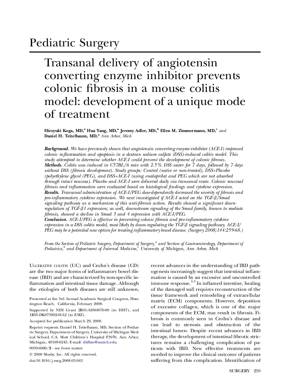 Transanal delivery of angiotensin converting enzyme inhibitor prevents colonic fibrosis in a mouse colitis model: development of a unique mode of treatment 