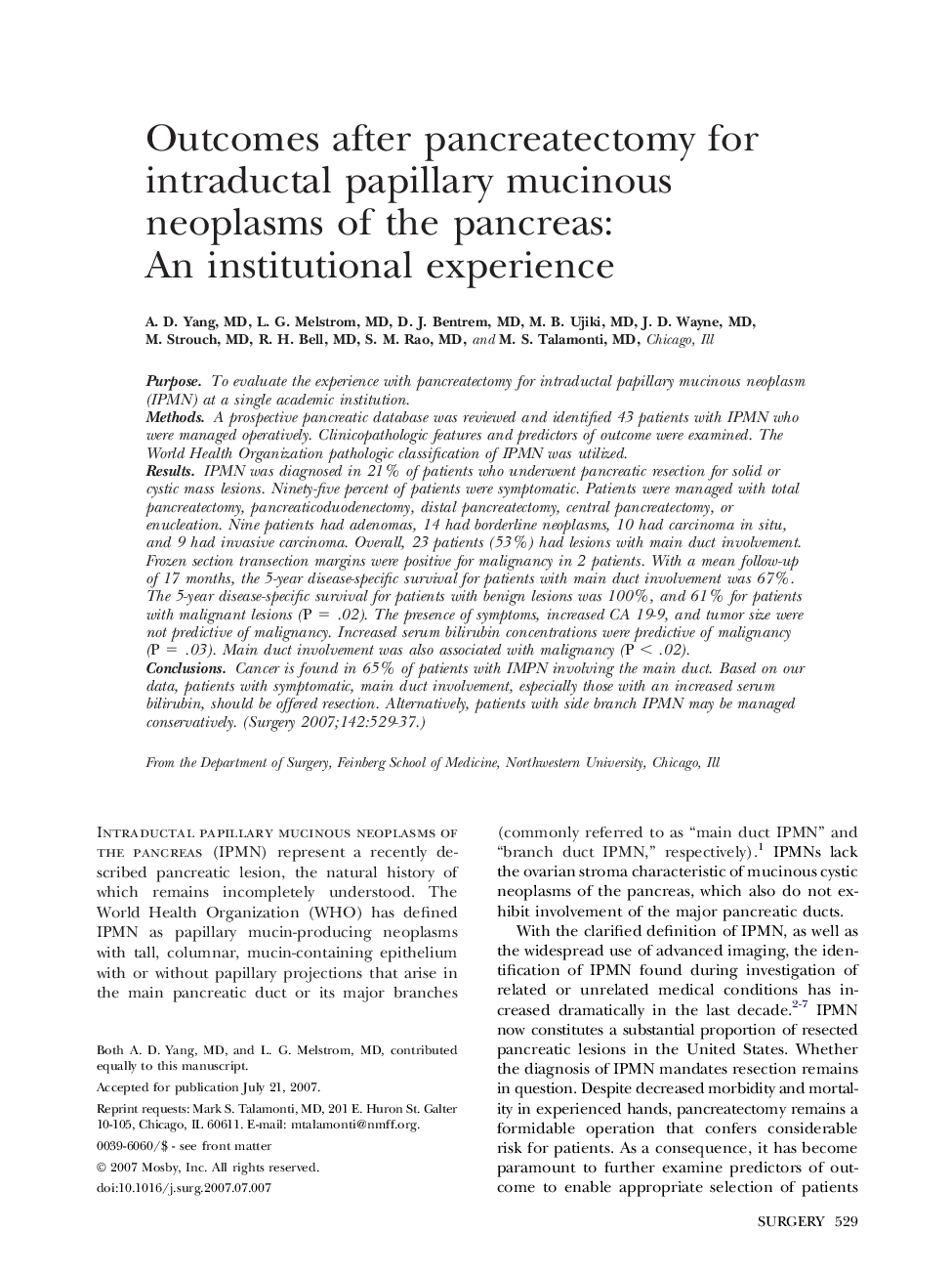 Outcomes after pancreatectomy for intraductal papillary mucinous neoplasms of the pancreas: An institutional experience 