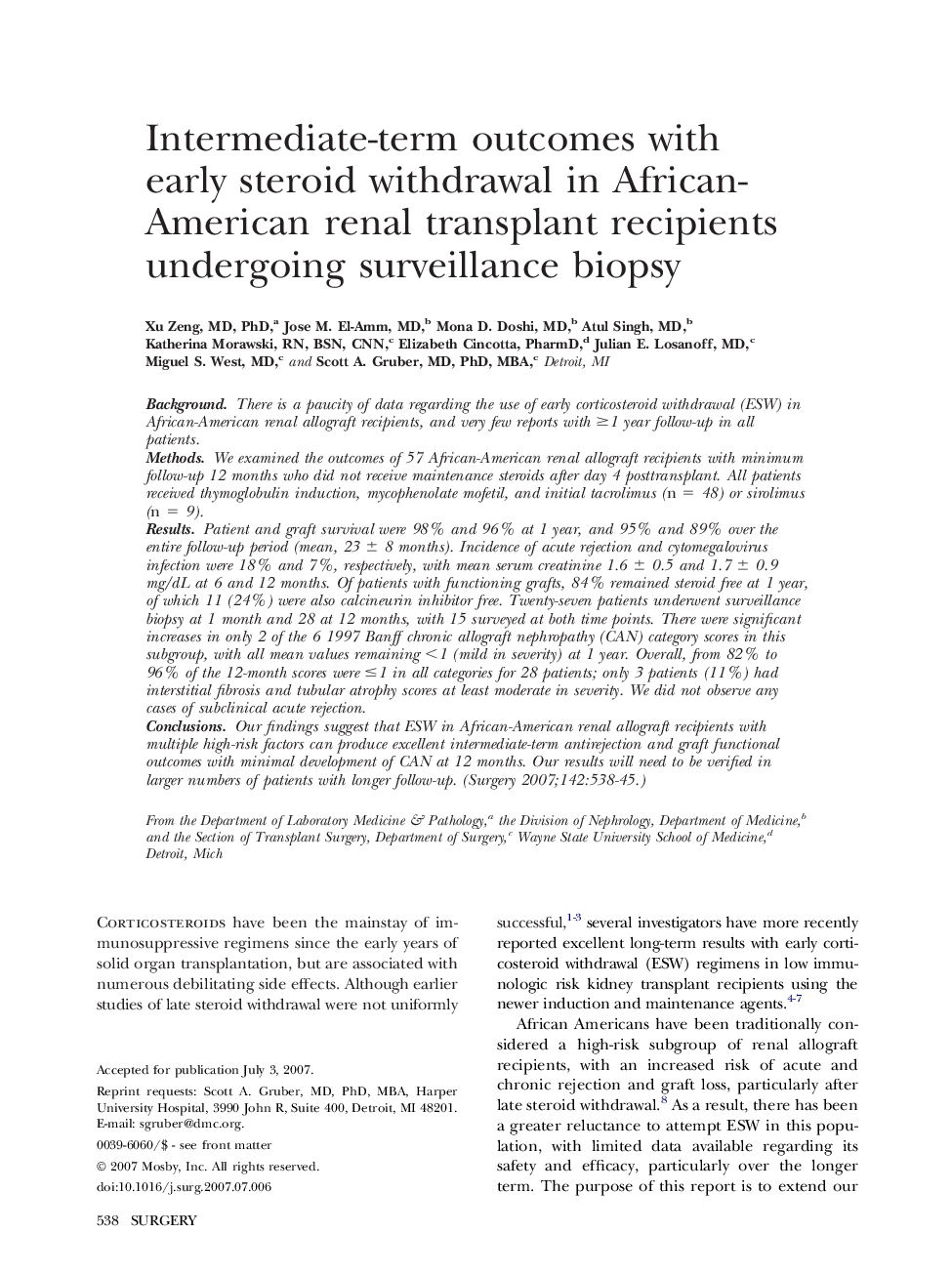 Intermediate-term outcomes with early steroid withdrawal in African-American renal transplant recipients undergoing surveillance biopsy