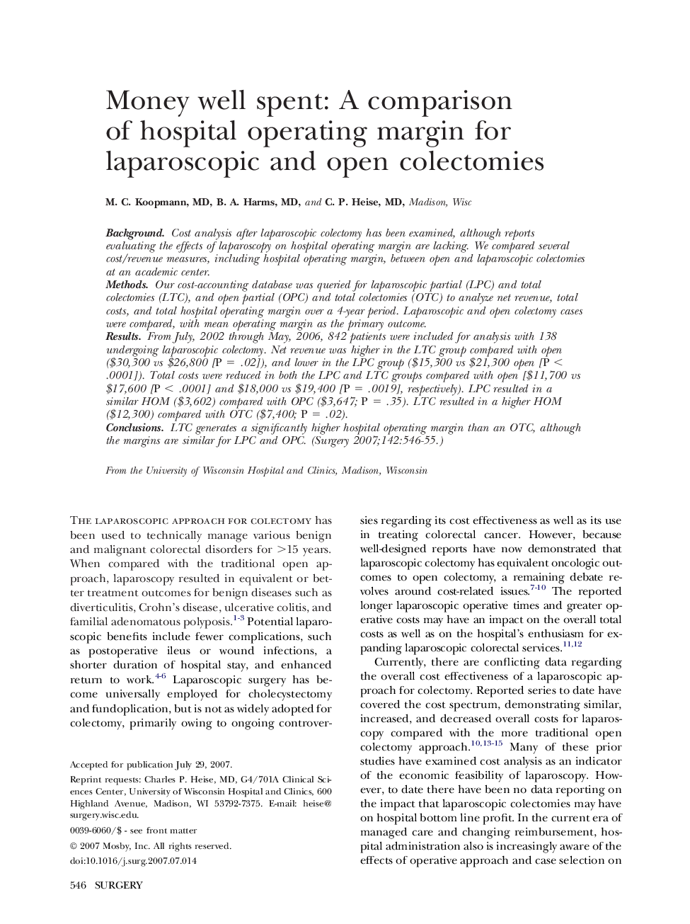 Money well spent: A comparison of hospital operating margin for laparoscopic and open colectomies