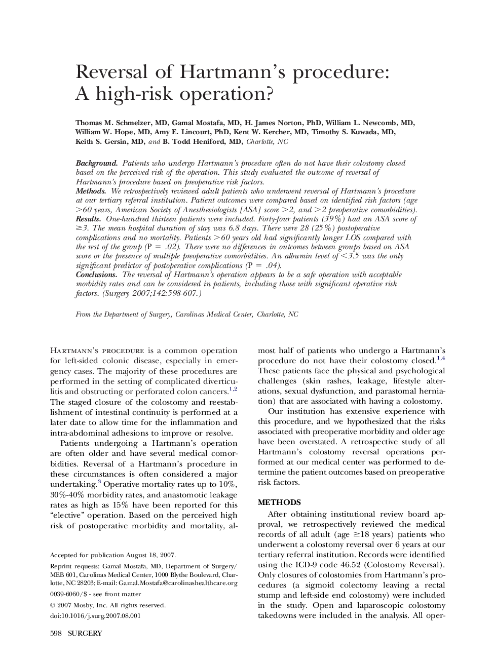 Reversal of Hartmann’s procedure: A high-risk operation?