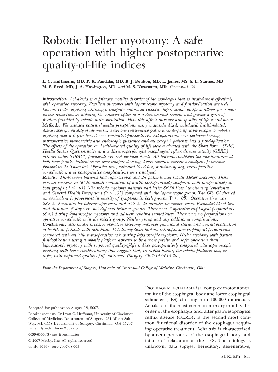 Robotic Heller myotomy: A safe operation with higher postoperative quality-of-life indices