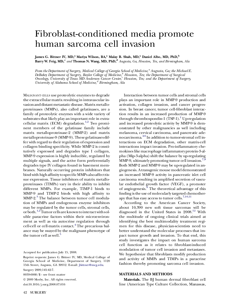 Fibroblast-conditioned media promote human sarcoma cell invasion