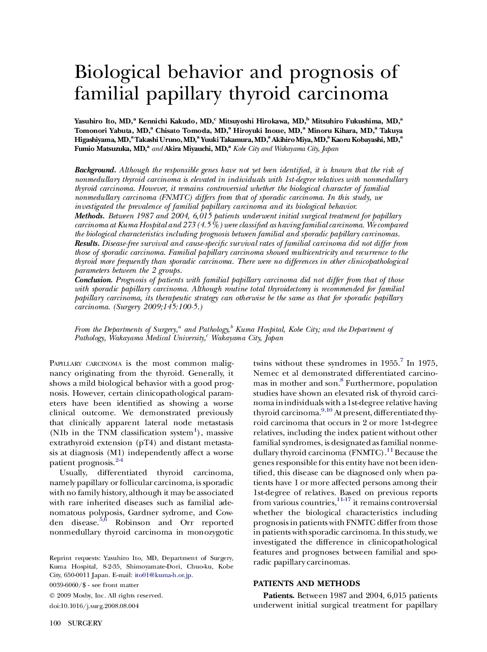 Biological behavior and prognosis of familial papillary thyroid carcinoma