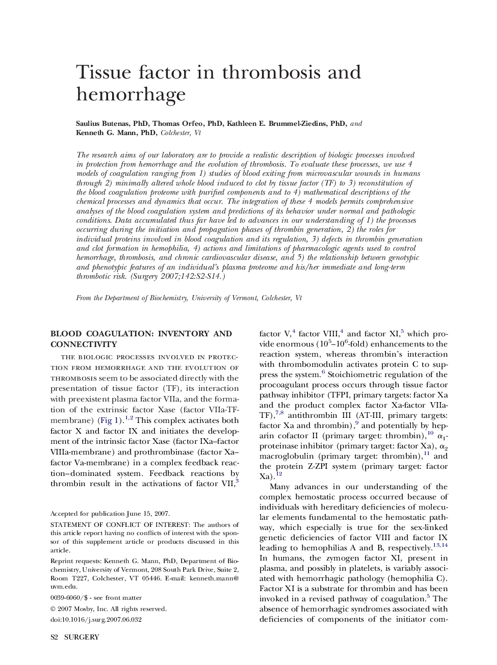 Tissue factor in thrombosis and hemorrhage 