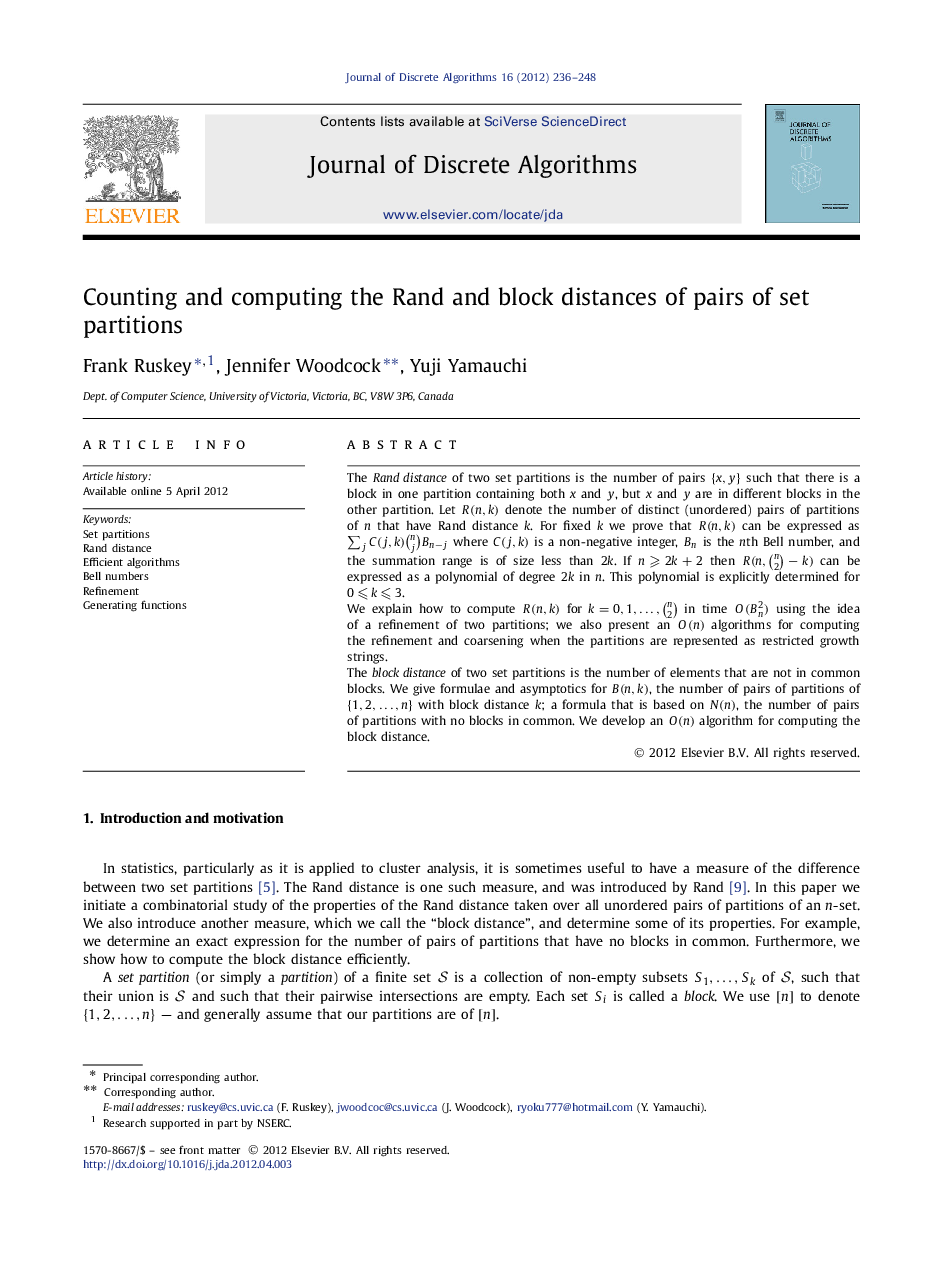 Counting and computing the Rand and block distances of pairs of set partitions