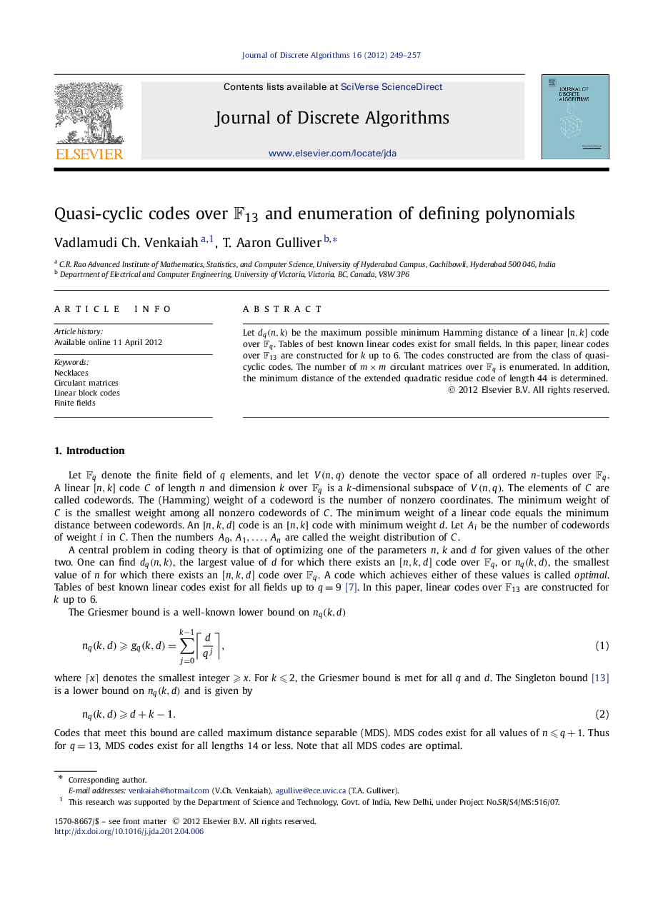 Quasi-cyclic codes over F13F13 and enumeration of defining polynomials