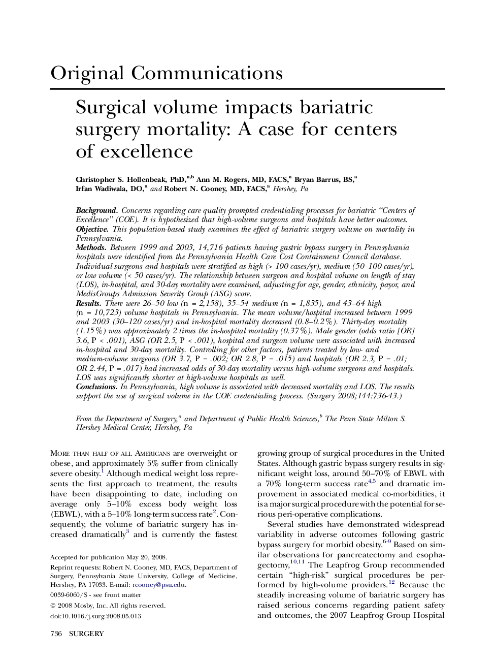 Surgical volume impacts bariatric surgery mortality: A case for centers of excellence