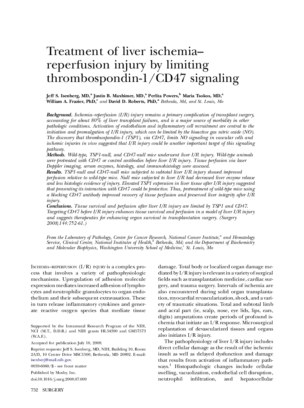 Treatment of liver ischemia–reperfusion injury by limiting thrombospondin-1/CD47 signaling 