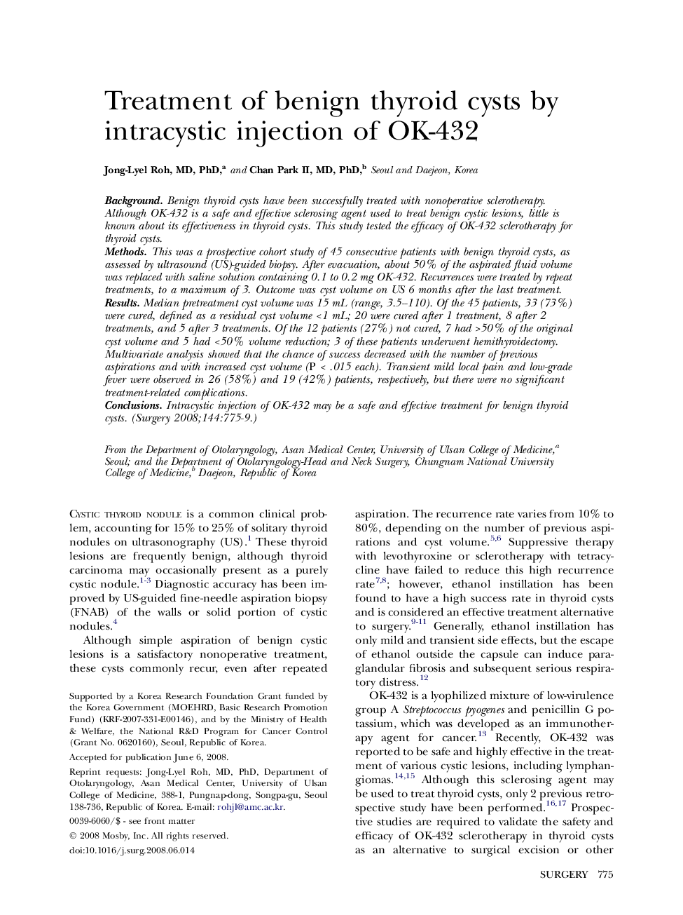 Treatment of benign thyroid cysts by intracystic injection of OK-432 