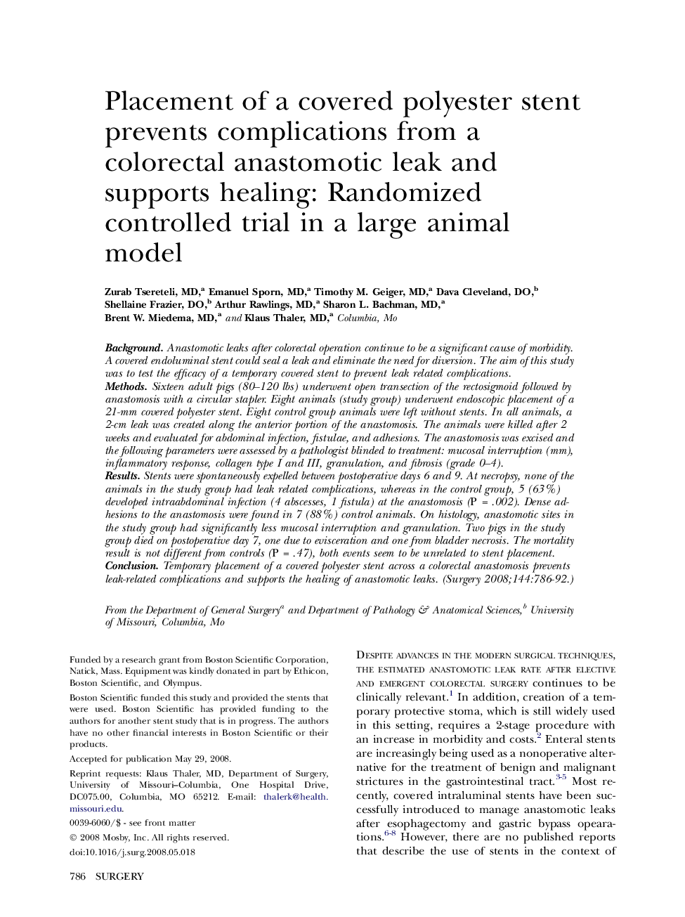 Placement of a covered polyester stent prevents complications from a colorectal anastomotic leak and supports healing: Randomized controlled trial in a large animal model 