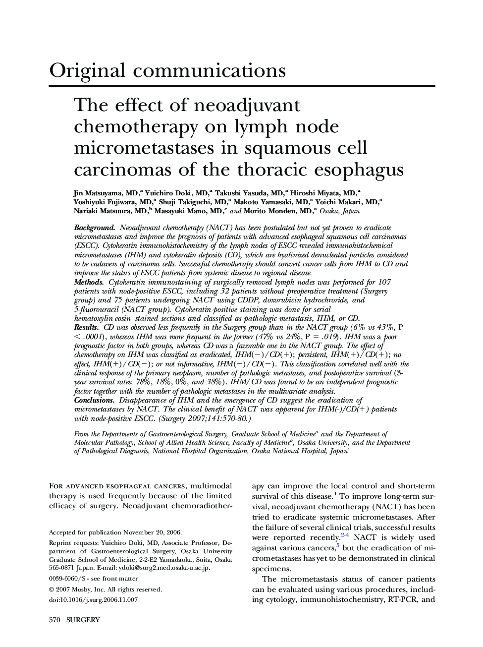 The effect of neoadjuvant chemotherapy on lymph node micrometastases in squamous cell carcinomas of the thoracic esophagus