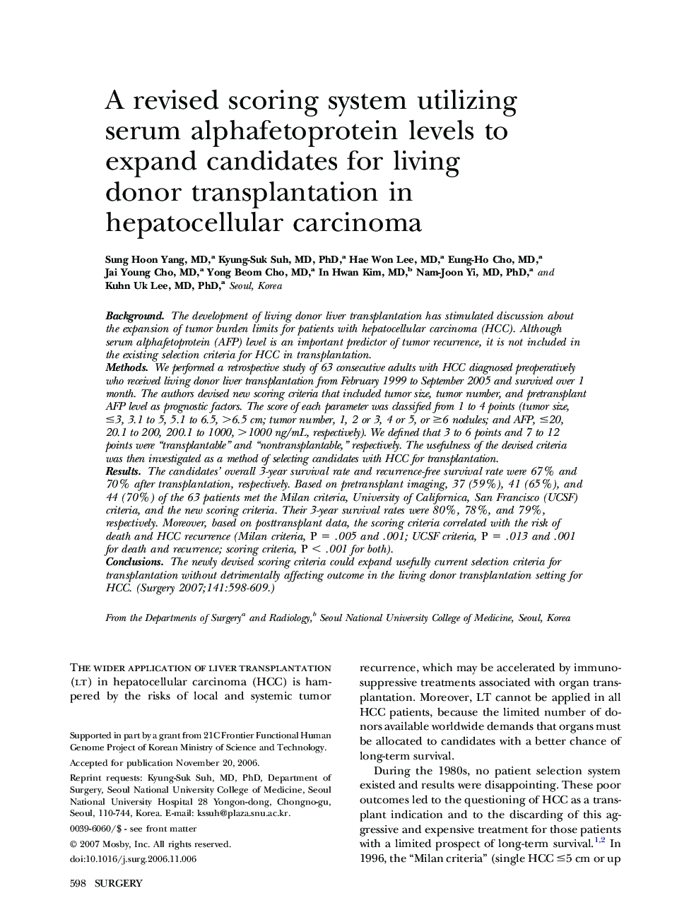 A revised scoring system utilizing serum alphafetoprotein levels to expand candidates for living donor transplantation in hepatocellular carcinoma 