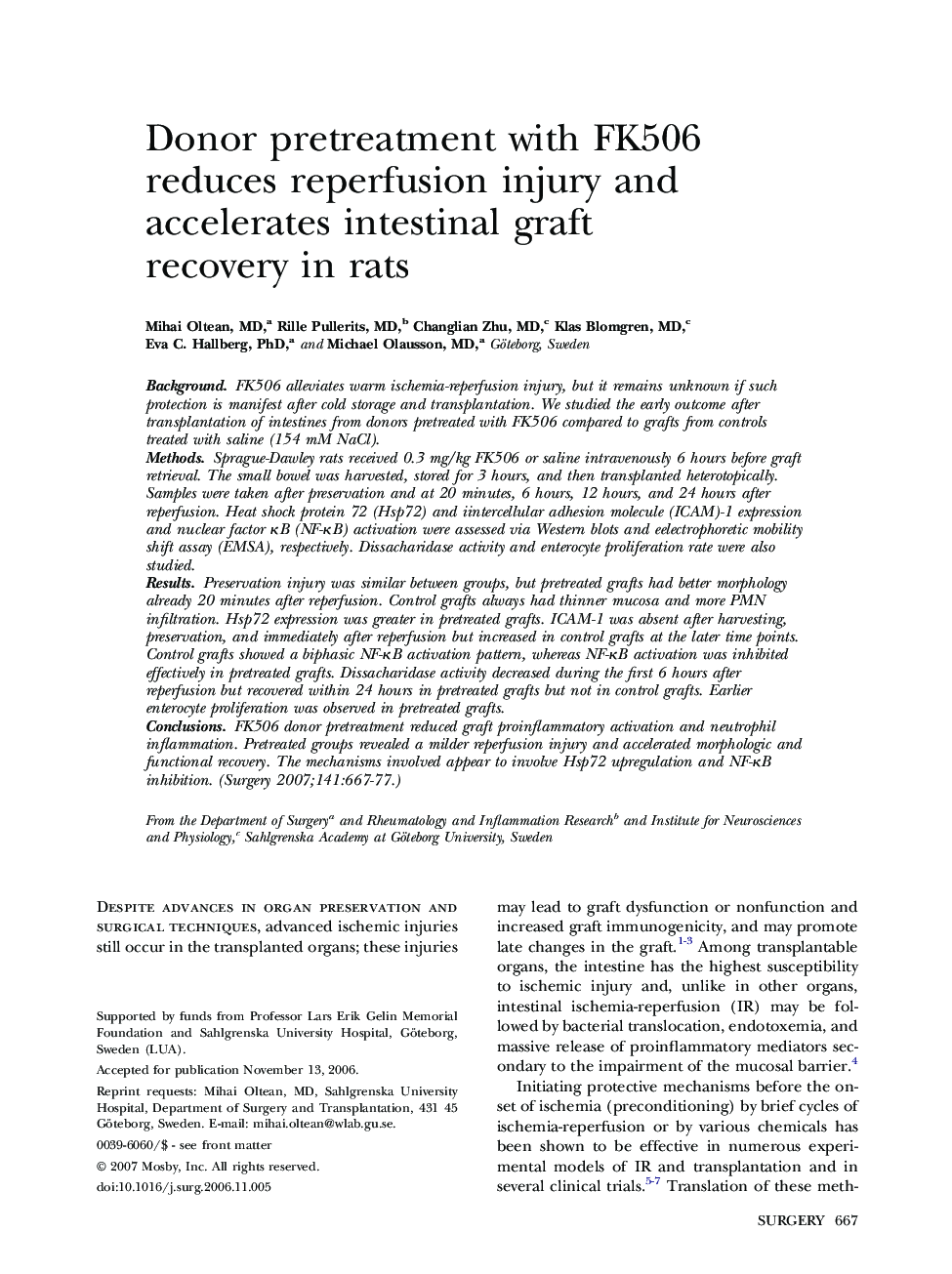 Donor pretreatment with FK506 reduces reperfusion injury and accelerates intestinal graft recovery in rats 