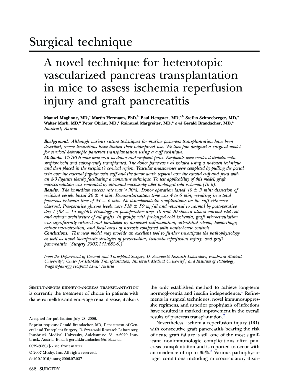 A novel technique for heterotopic vascularized pancreas transplantation in mice to assess ischemia reperfusion injury and graft pancreatitis