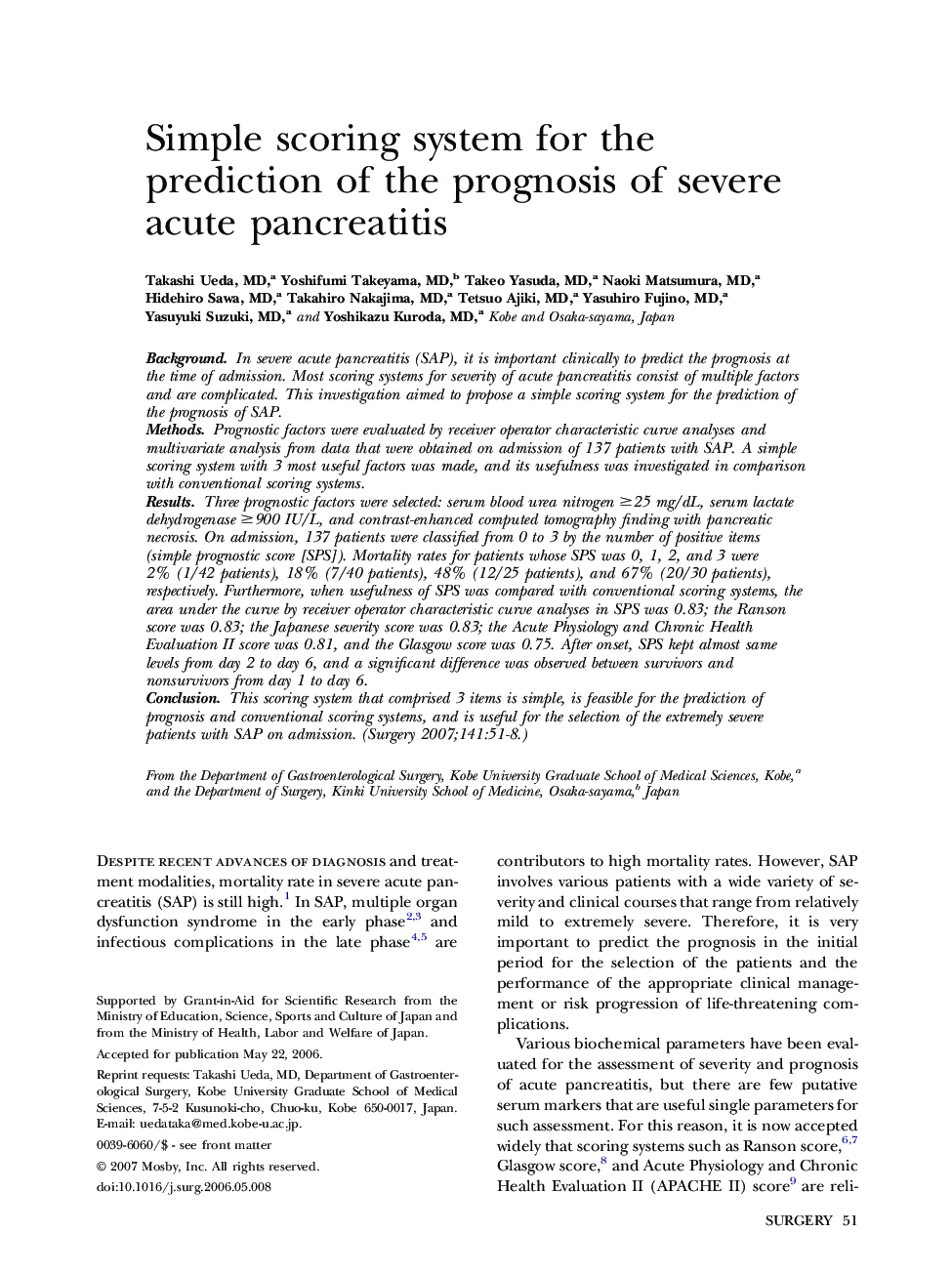 Simple scoring system for the prediction of the prognosis of severe acute pancreatitis 
