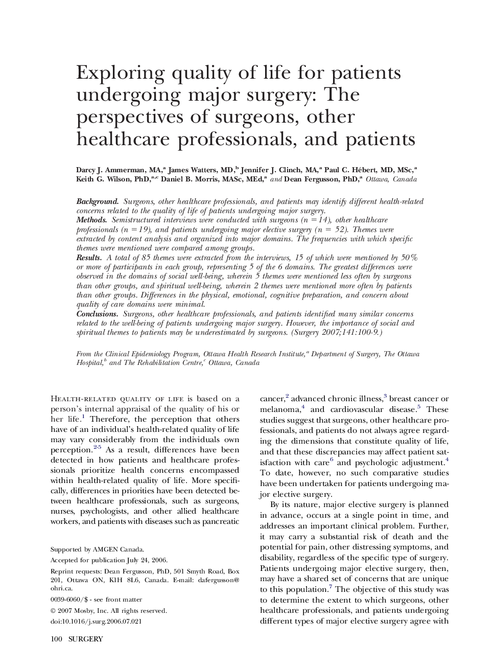 Exploring quality of life for patients undergoing major surgery: The perspectives of surgeons, other healthcare professionals, and patients 