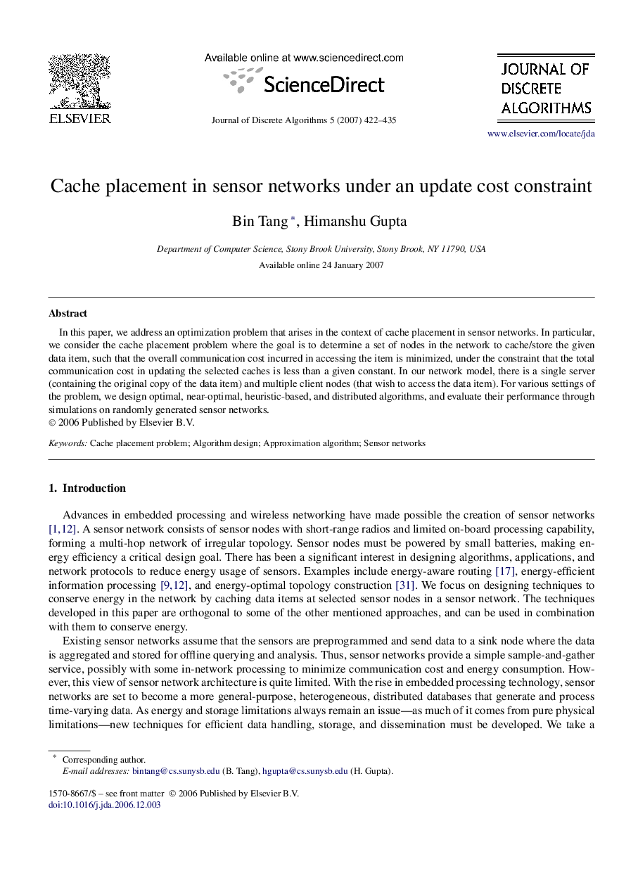 Cache placement in sensor networks under an update cost constraint