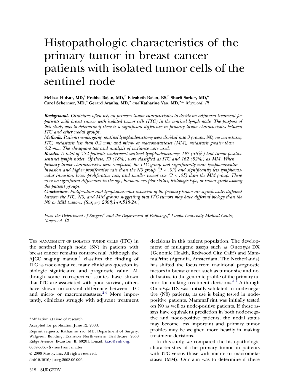 Histopathologic characteristics of the primary tumor in breast cancer patients with isolated tumor cells of the sentinel node