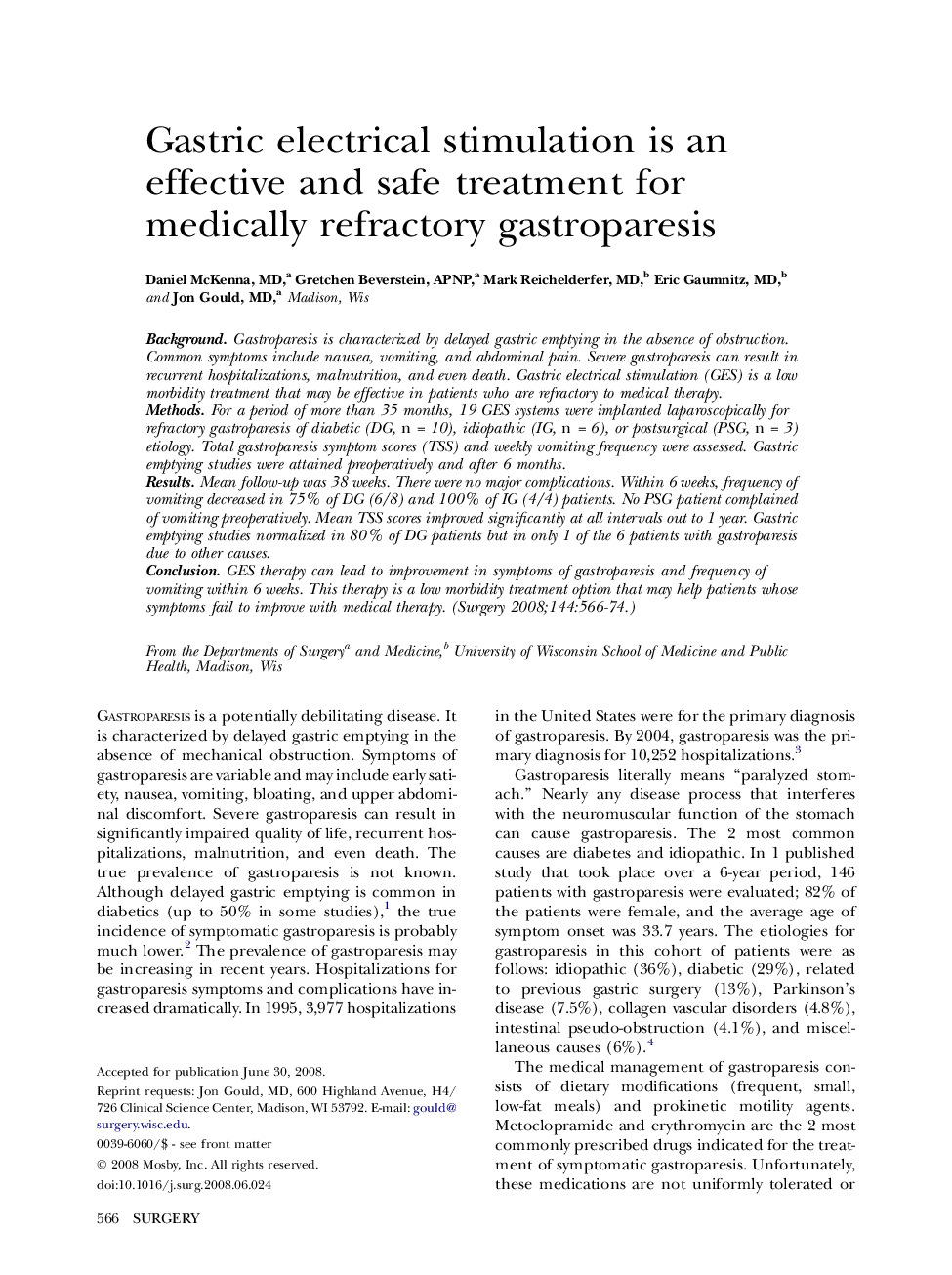 Gastric electrical stimulation is an effective and safe treatment for medically refractory gastroparesis