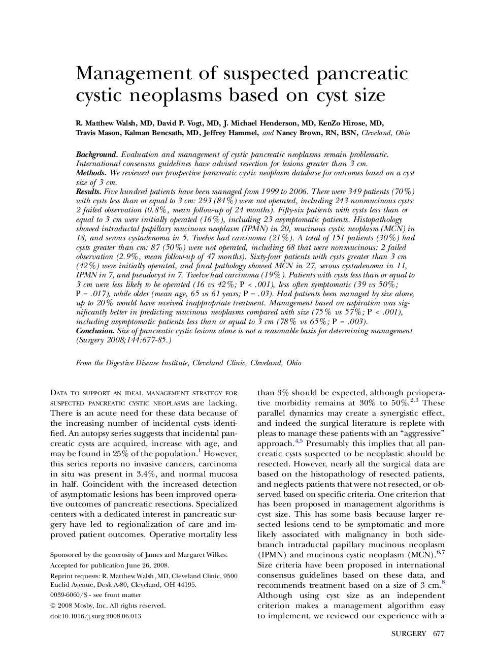 Management of suspected pancreatic cystic neoplasms based on cyst size 