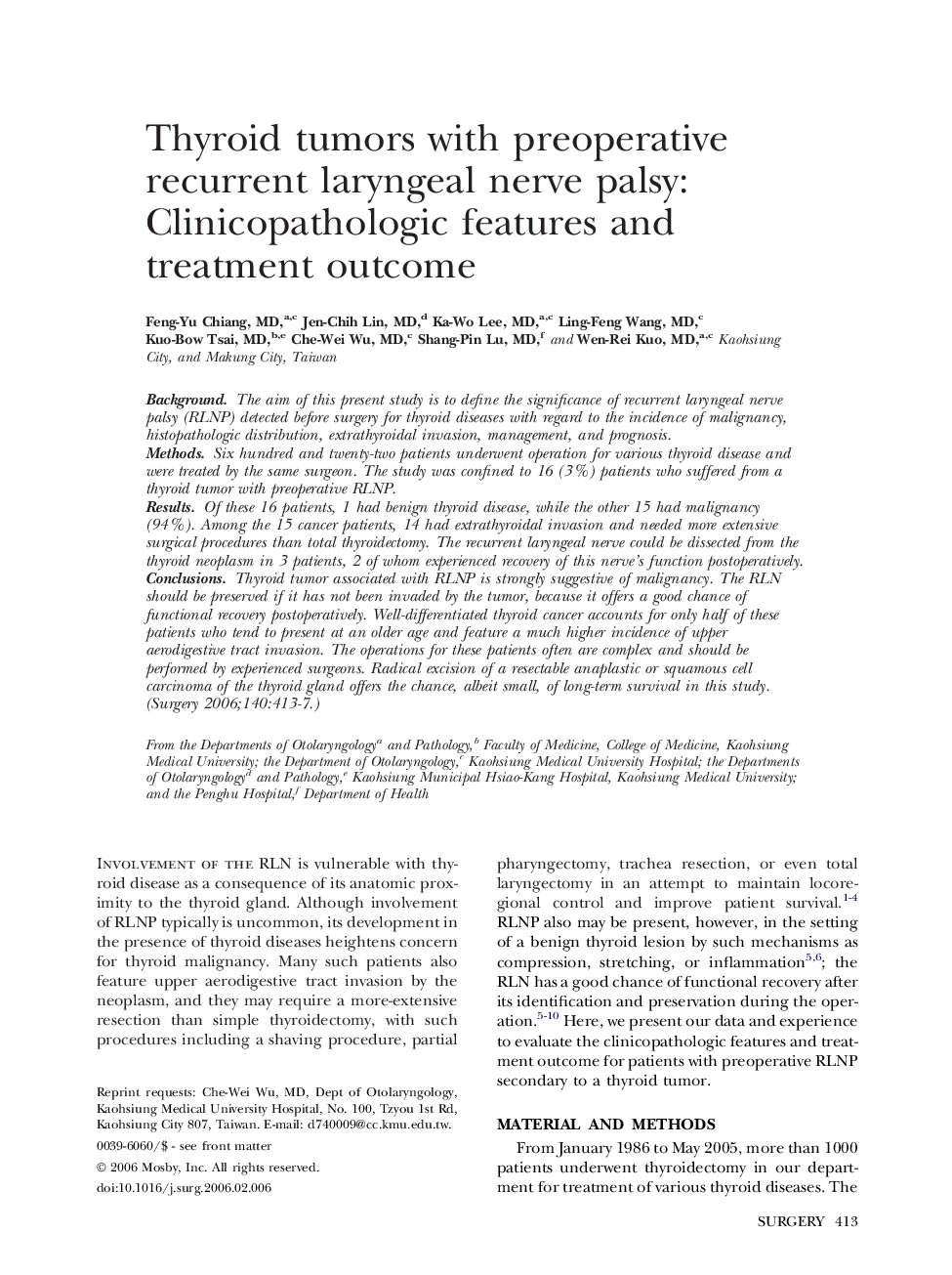 Thyroid tumors with preoperative recurrent laryngeal nerve palsy: Clinicopathologic features and treatment outcome