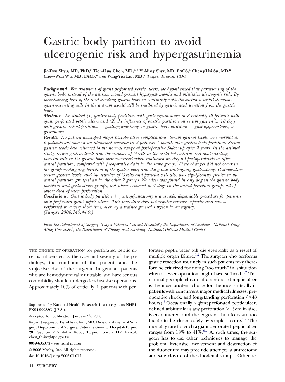 Gastric body partition to avoid ulcerogenic risk and hypergastrinemia 