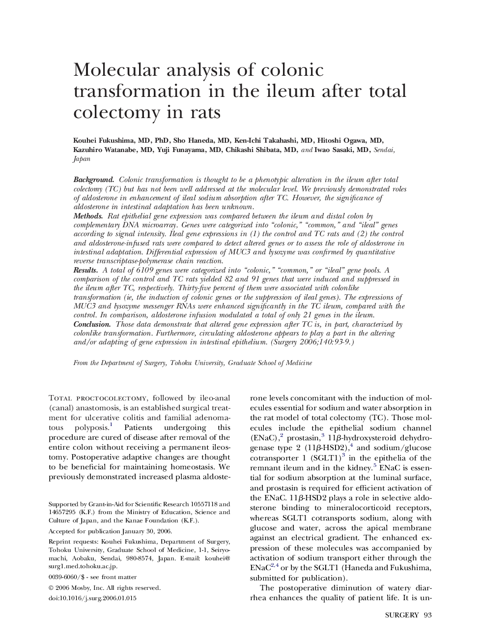 Molecular analysis of colonic transformation in the ileum after total colectomy in rats