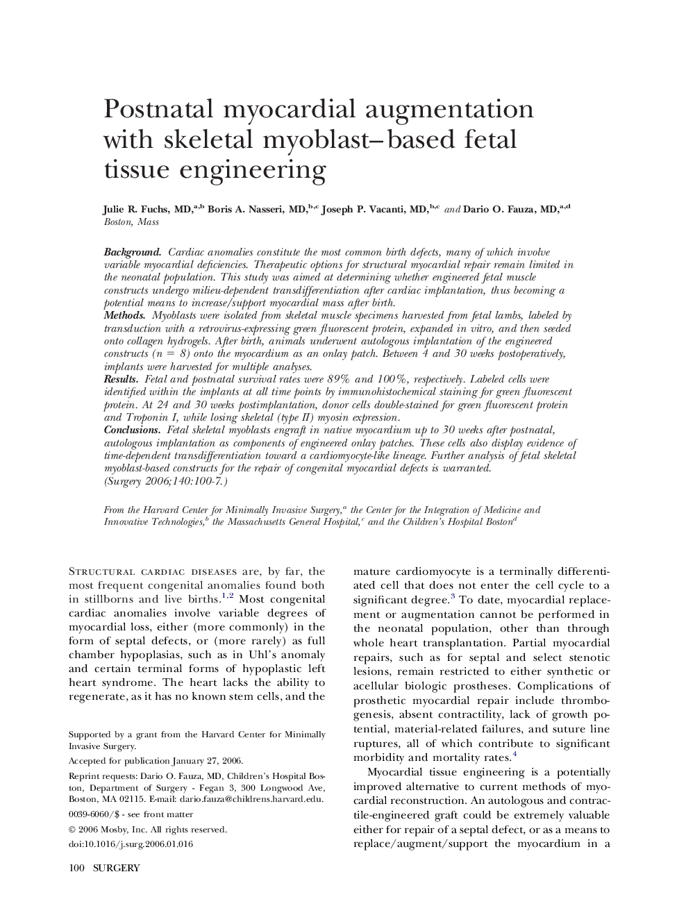 Postnatal myocardial augmentation with skeletal myoblast–based fetal tissue engineering 