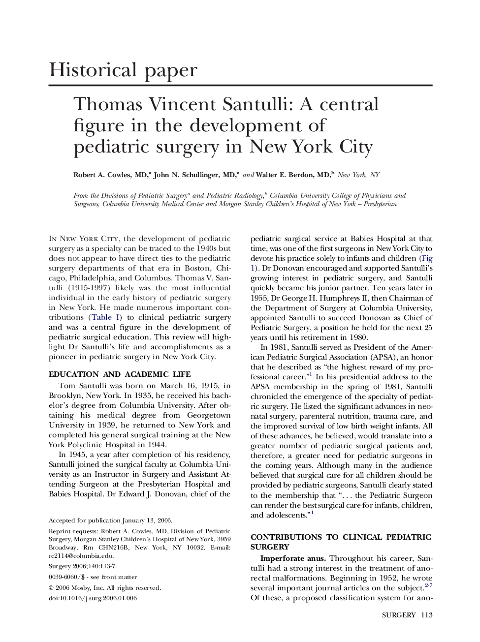 Thomas Vincent Santulli: A central figure in the development of pediatric surgery in New York City