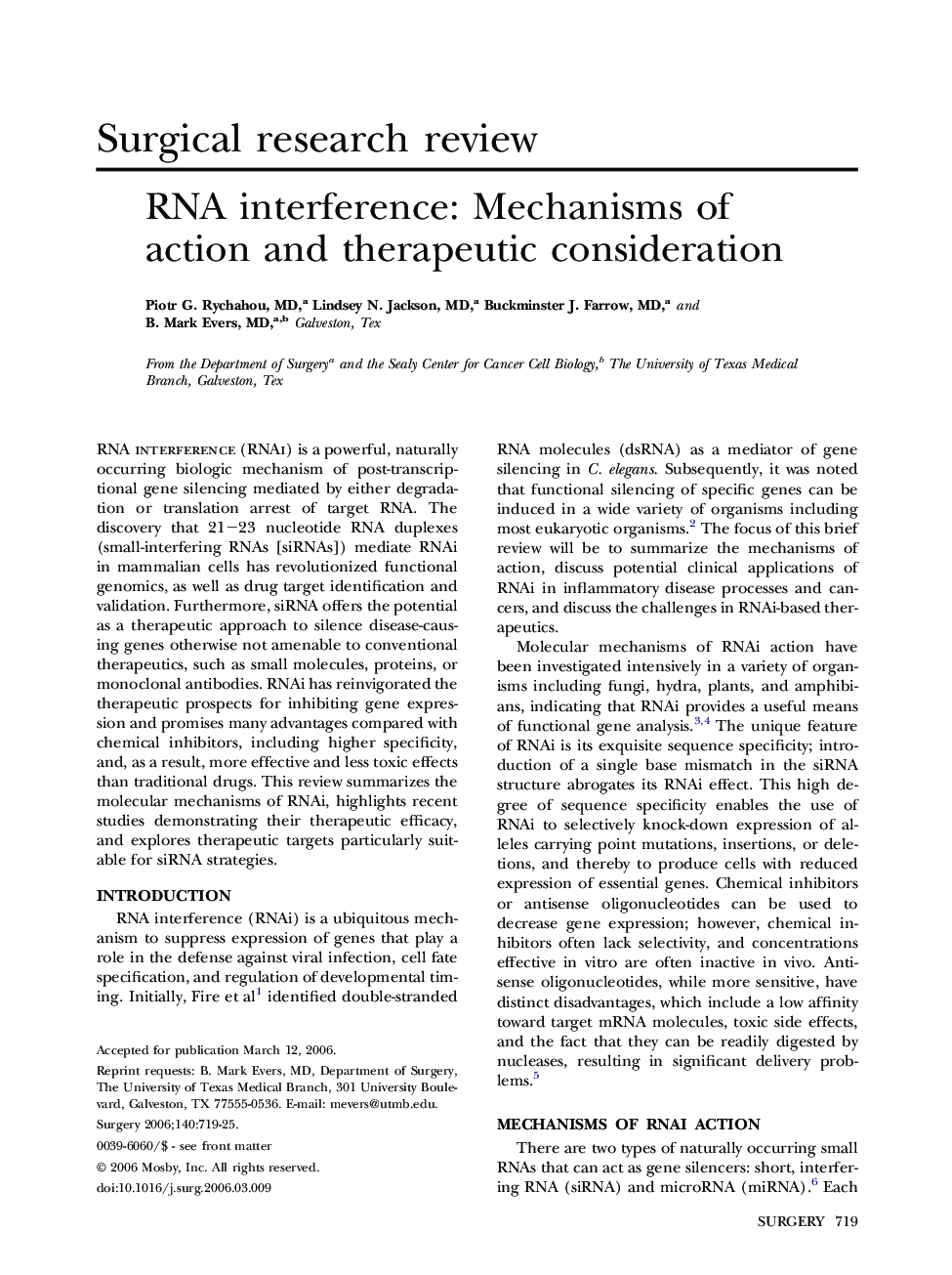 RNA interference: Mechanisms of action and therapeutic consideration