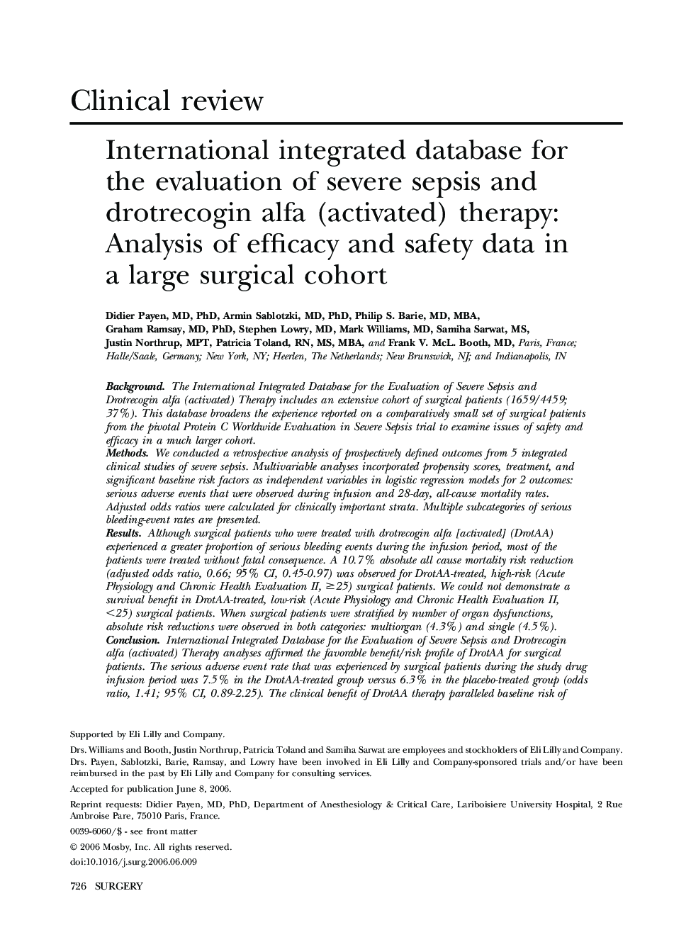 International integrated database for the evaluation of severe sepsis and drotrecogin alfa (activated) therapy: Analysis of efficacy and safety data in a large surgical cohort 