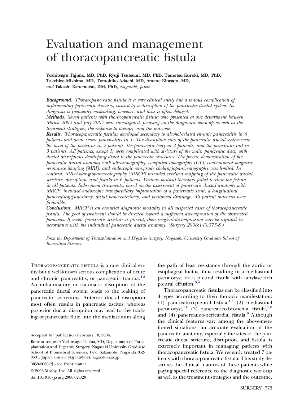 Evaluation and management of thoracopancreatic fistula
