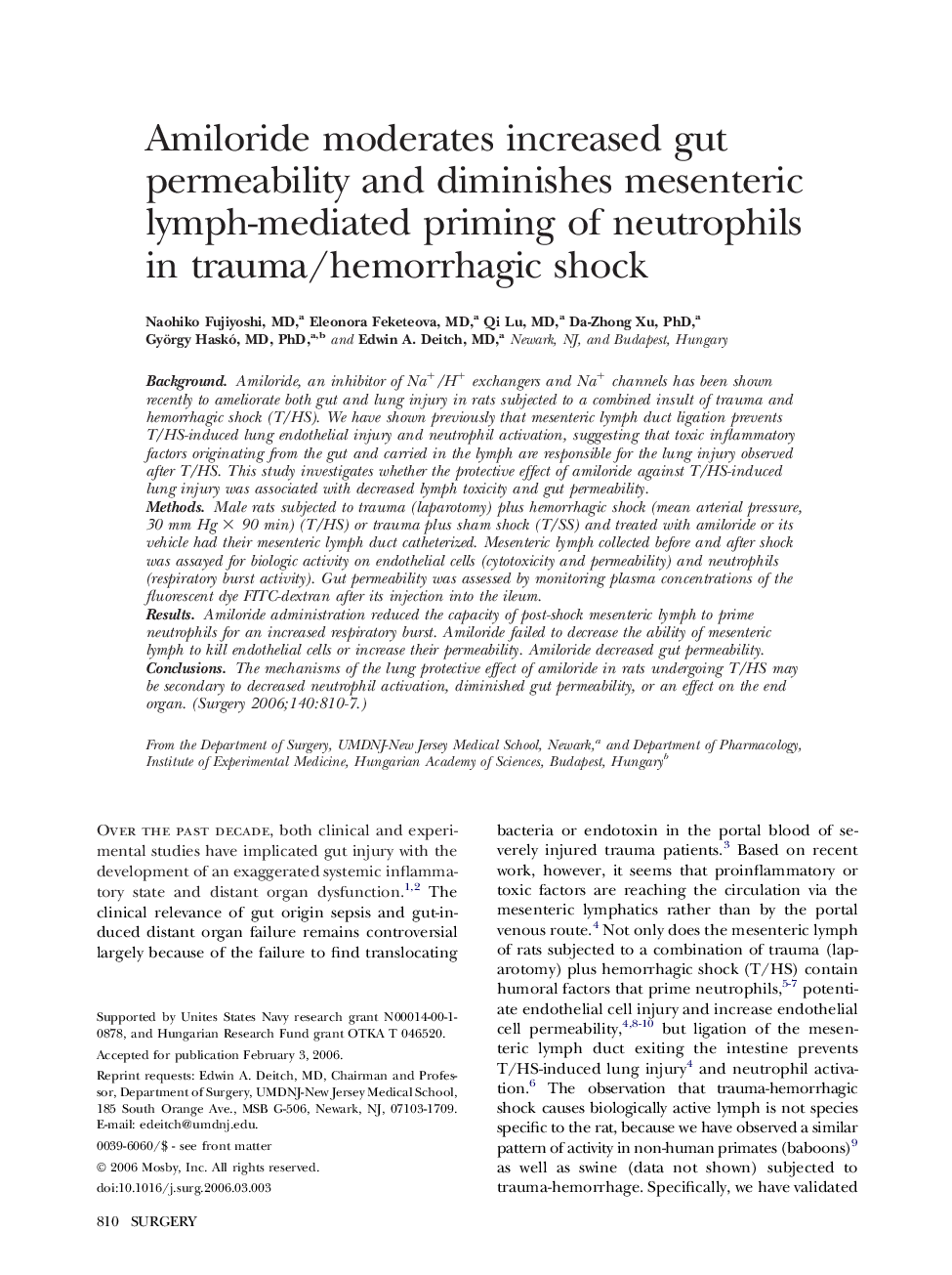 Amiloride moderates increased gut permeability and diminishes mesenteric lymph-mediated priming of neutrophils in trauma/hemorrhagic shock 