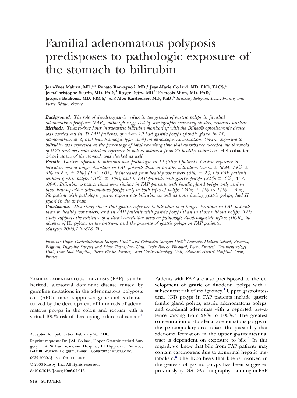 Familial adenomatous polyposis predisposes to pathologic exposure of the stomach to bilirubin