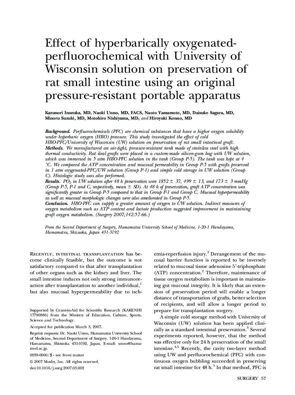 Effect of hyperbarically oxygenated-perfluorochemical with University of Wisconsin solution on preservation of rat small intestine using an original pressure-resistant portable apparatus 
