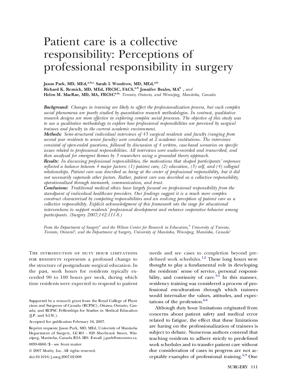 Patient care is a collective responsibility: Perceptions of professional responsibility in surgery 