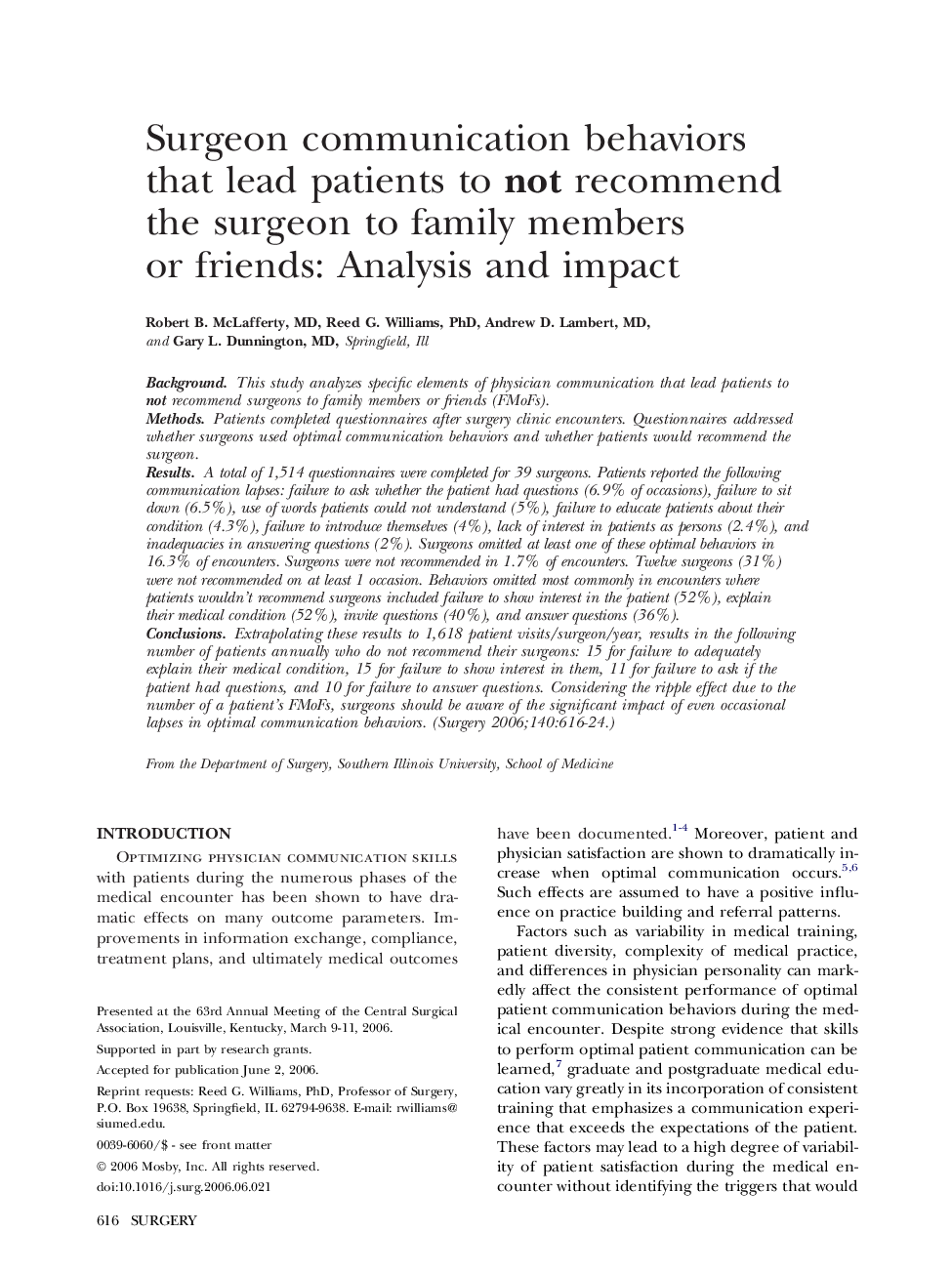 Surgeon communication behaviors that lead patients to not recommend the surgeon to family members or friends: Analysis and impact 