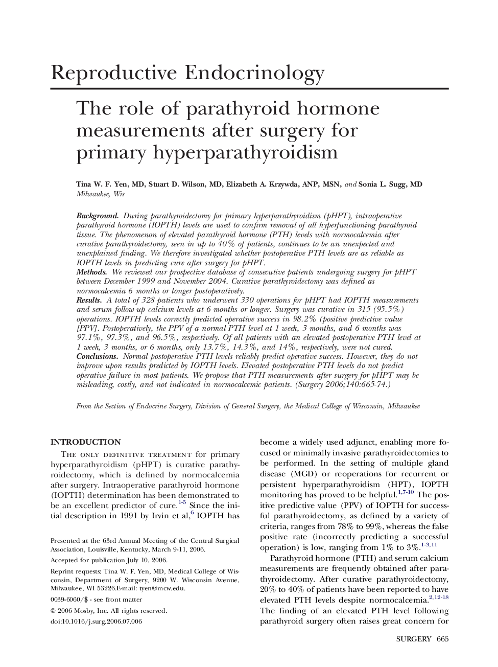 The role of parathyroid hormone measurements after surgery for primary hyperparathyroidism