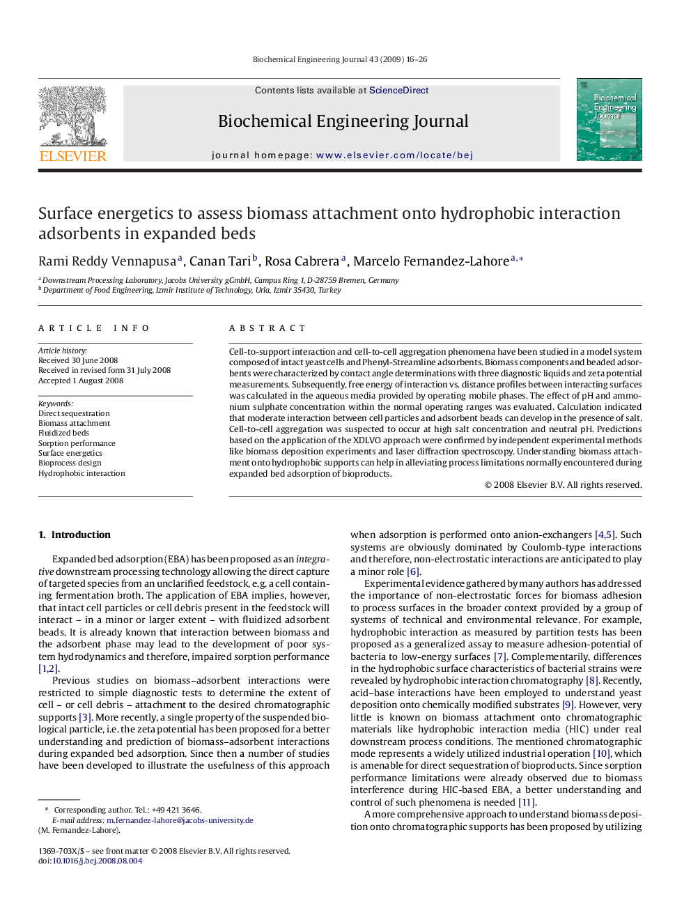 Surface energetics to assess biomass attachment onto hydrophobic interaction adsorbents in expanded beds