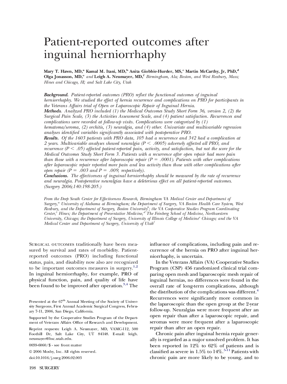 Patient-reported outcomes after inguinal herniorrhaphy 