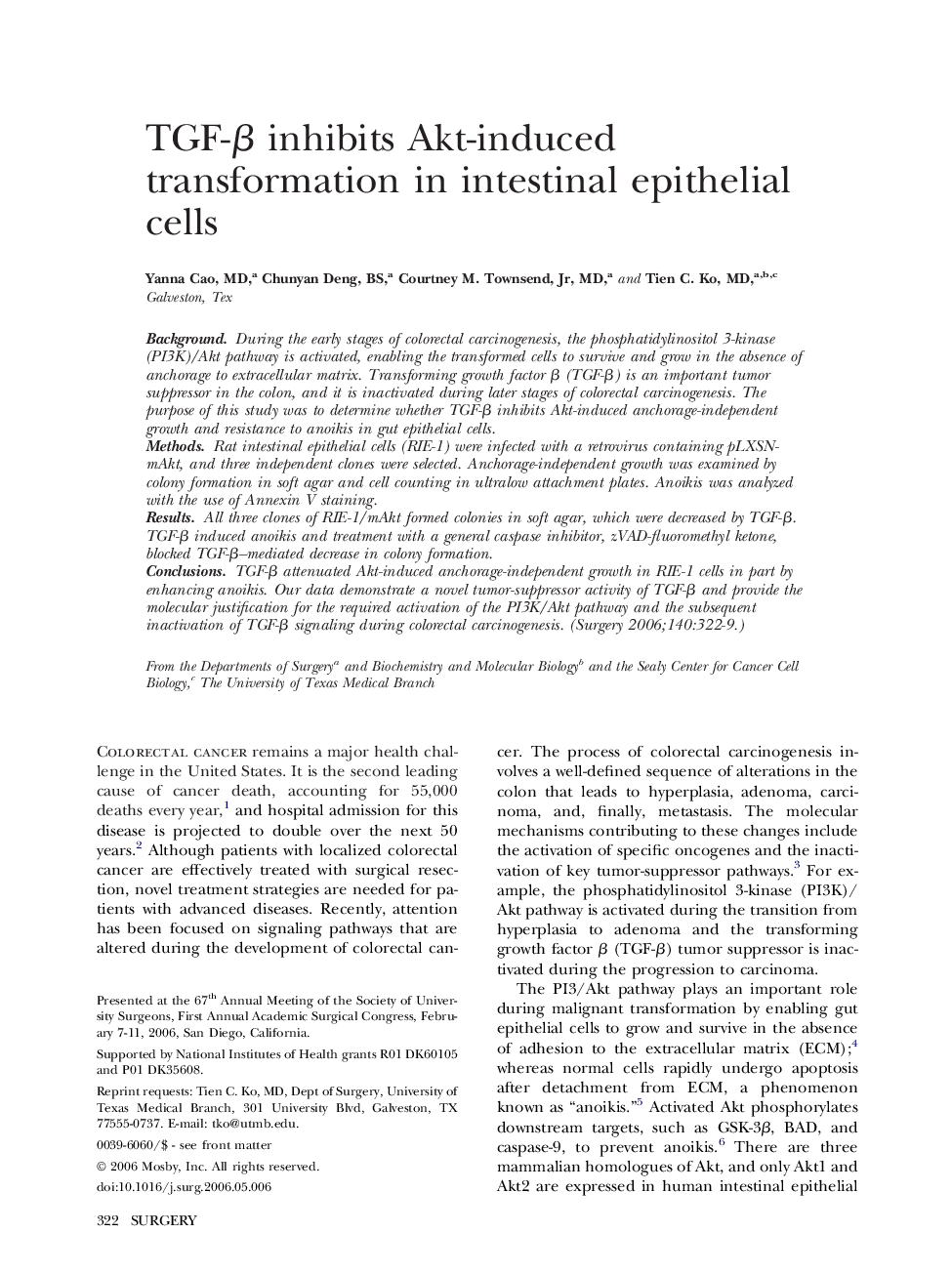 TGF-β inhibits Akt-induced transformation in intestinal epithelial cells 