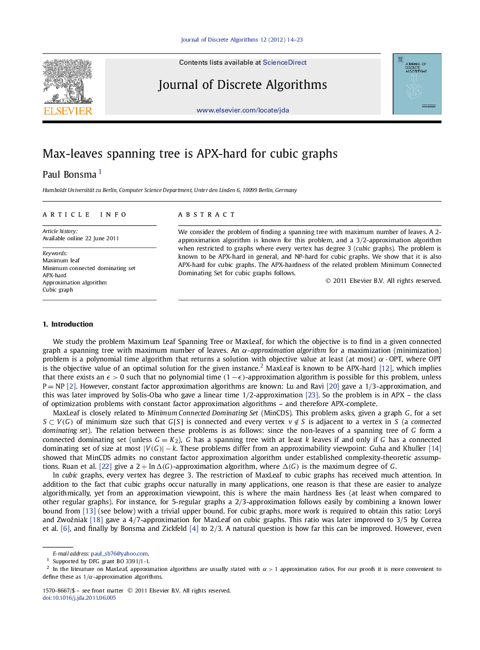 Max-leaves spanning tree is APX-hard for cubic graphs