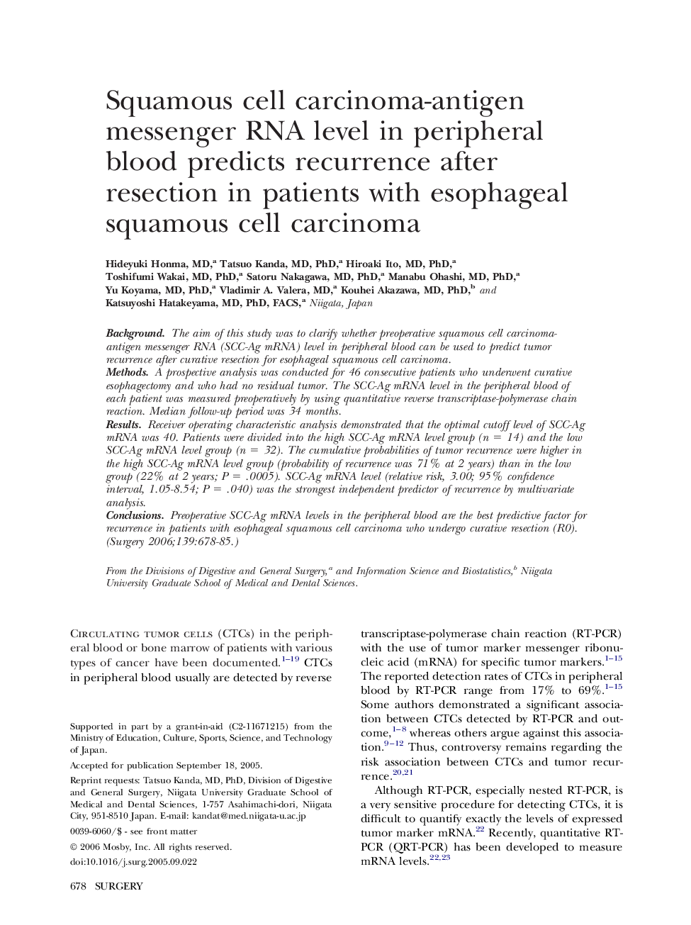 Squamous cell carcinoma-antigen messenger RNA level in peripheral blood predicts recurrence after resection in patients with esophageal squamous cell carcinoma 