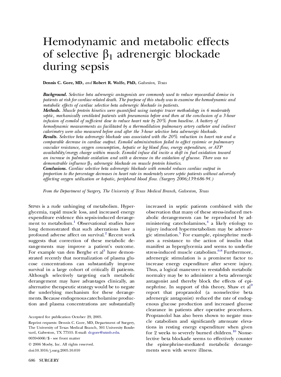 Hemodynamic and metabolic effects of selective β1 adrenergic blockade during sepsis