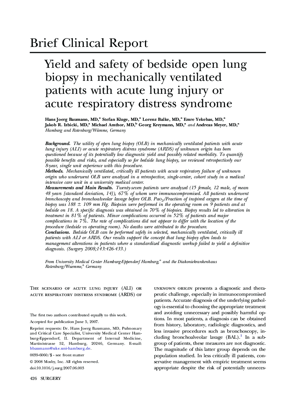 Yield and safety of bedside open lung biopsy in mechanically ventilated patients with acute lung injury or acute respiratory distress syndrome