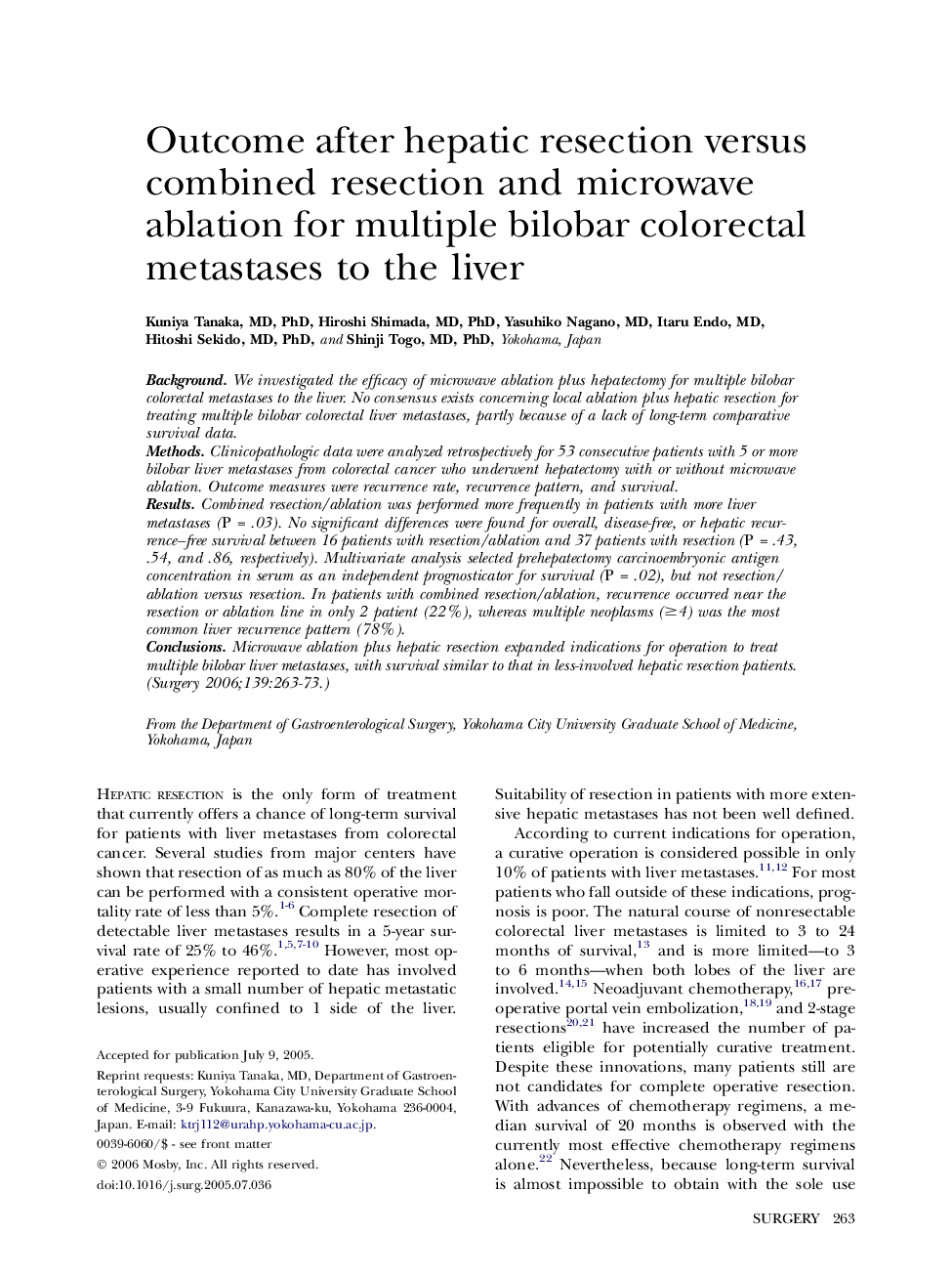 Outcome after hepatic resection versus combined resection and microwave ablation for multiple bilobar colorectal metastases to the liver