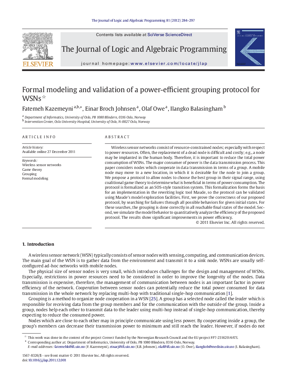 Formal modeling and validation of a power-efficient grouping protocol for WSNs 